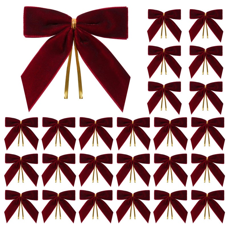 Utehilly 24 Pcs Burgundy Small Velvet Christmas Bows for Christmas Tree Wreath Gift Wrapping Crafts Wedding Party Twist Tie Bows for Treat Bag Bakery Candy Bags Home Decor 1 W35 x 35 inch